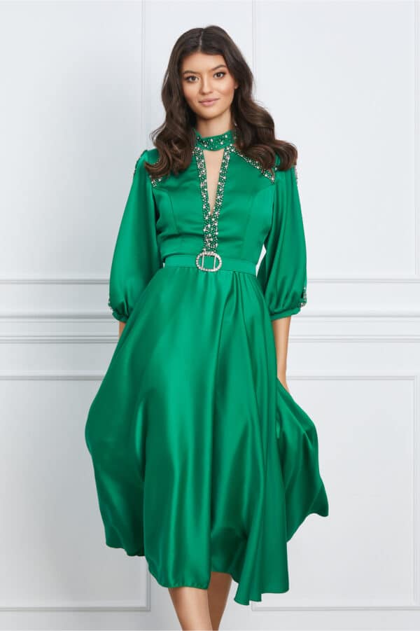 Rochie Mirabela verde cu strasuri si tull la bust