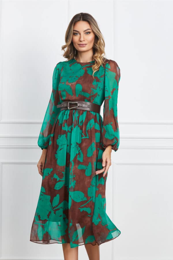Rochie Miranda maro cu imprimeuri verzi si curea in talie