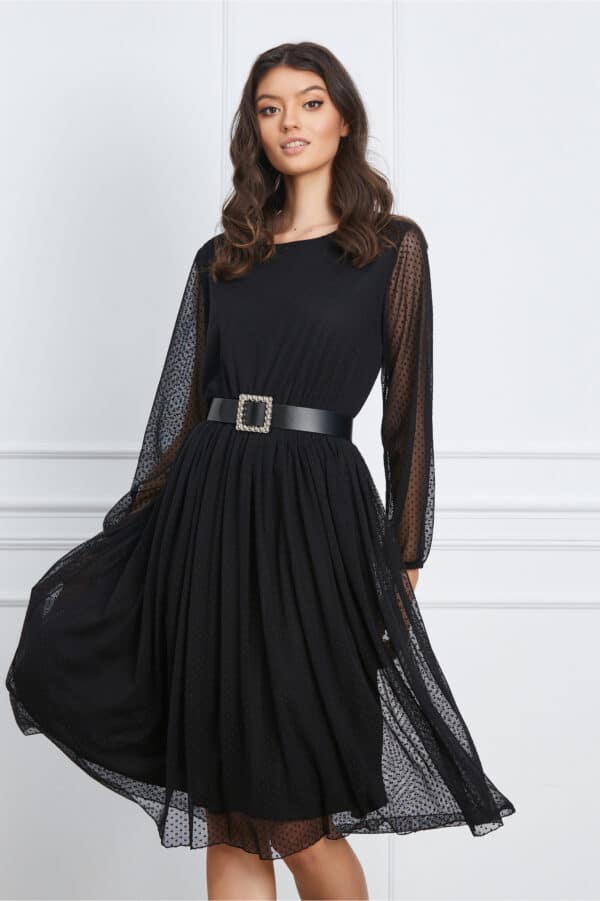 Rochie Mirela neagra din tull cu picatele si curea in talie