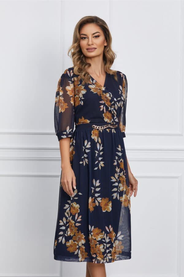 Rochie Miruna bleumarin cu imprimeuri galbene