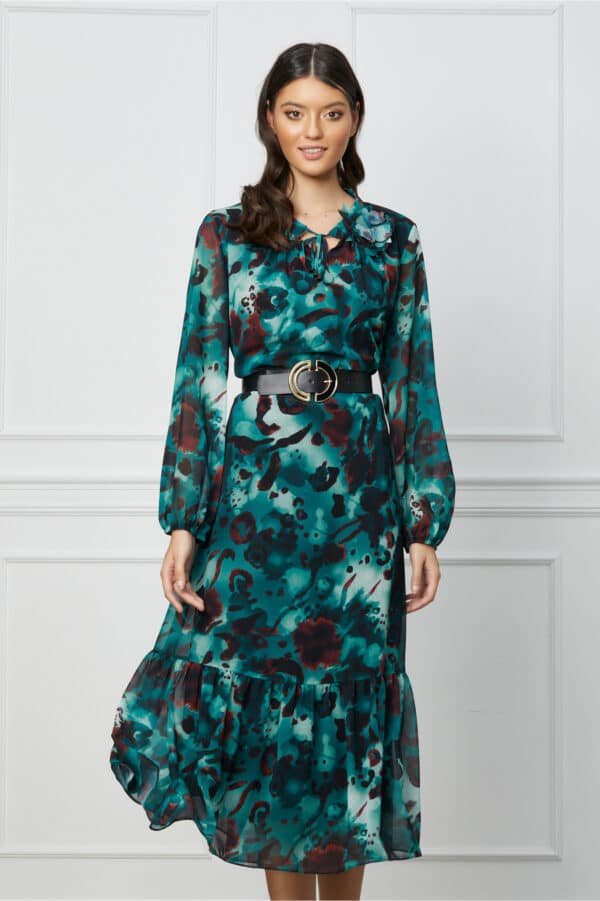 Rochie Misha neagra cu imprimeu turcoaz si curea in talie