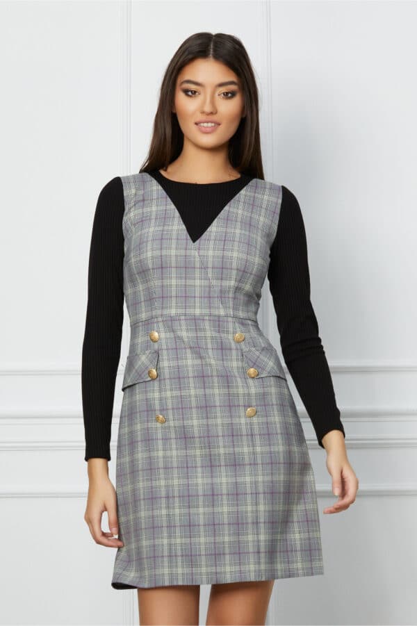 Rochie Moze gri cu carouri lila tip sarafan