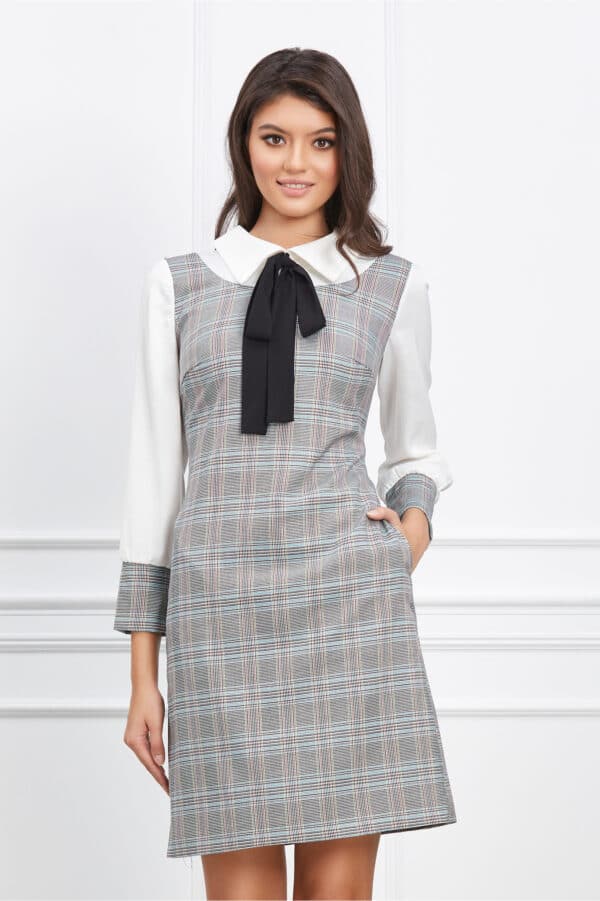 Rochie Moze gri cu carouri si maneci albe