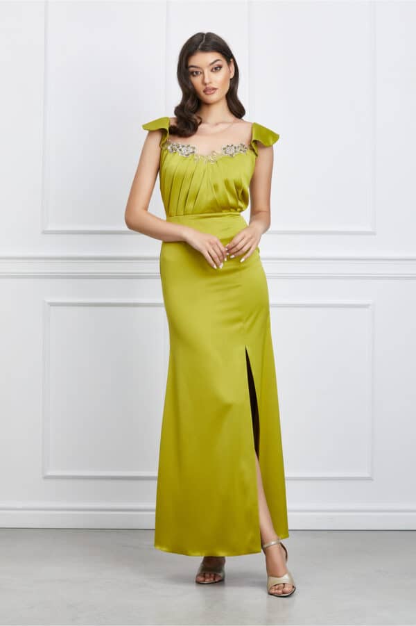 Rochie Moze lunga lime cu broderie la bust