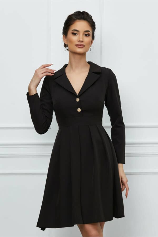 Rochie Moze neagra clos cu rever si nasturi la bust