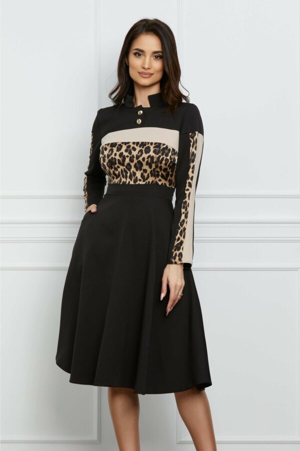 Rochie Moze neagra cu animal print bej la bust