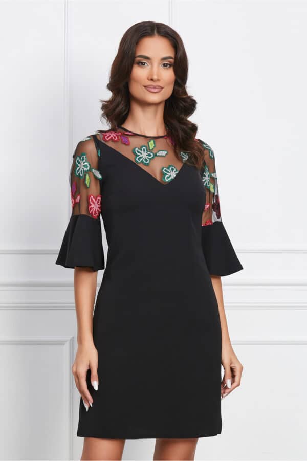 Rochie Moze neagra cu broderie florala pe bust si maneci
