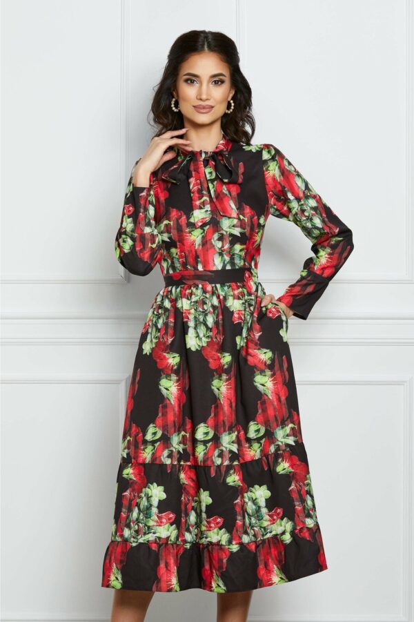 Rochie Moze neagra cu imprimeuri florale rosii