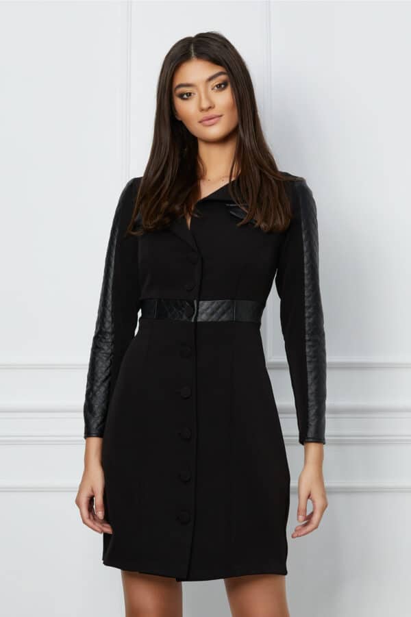 Rochie Moze neagra cu insertii din piele ecologica si nasturi