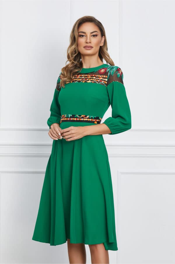 Rochie Moze verde cu borderie orange