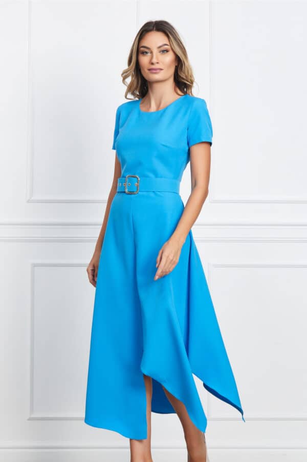 Rochie Natalia bleu cu fusta in colturi si curea in talie