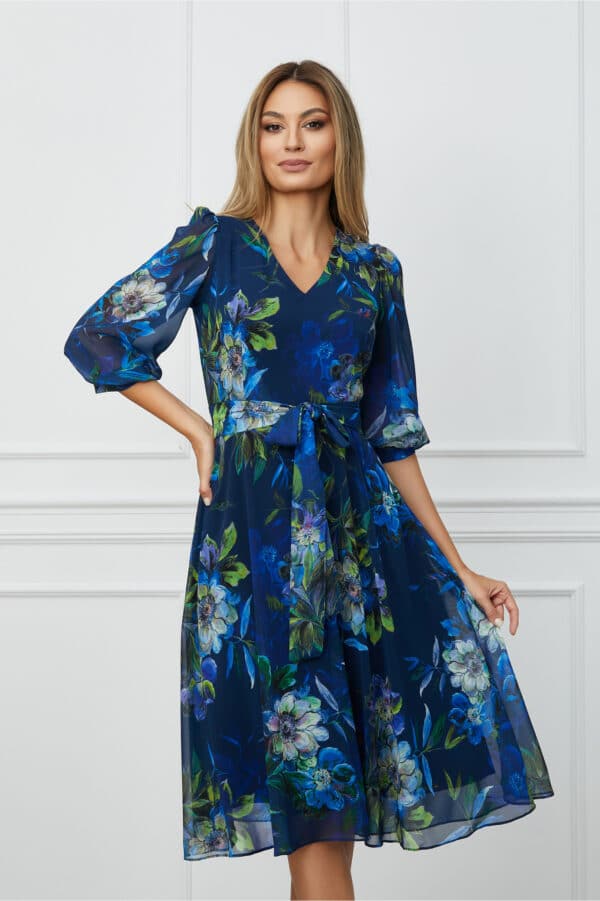 Rochie Natalia bleumarin cu imprimeuri florale albastre si cordon in talie