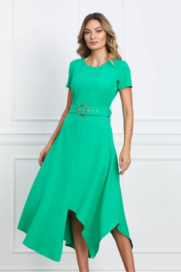 Rochie Natalia verde cu fusta in colturi si curea in talie