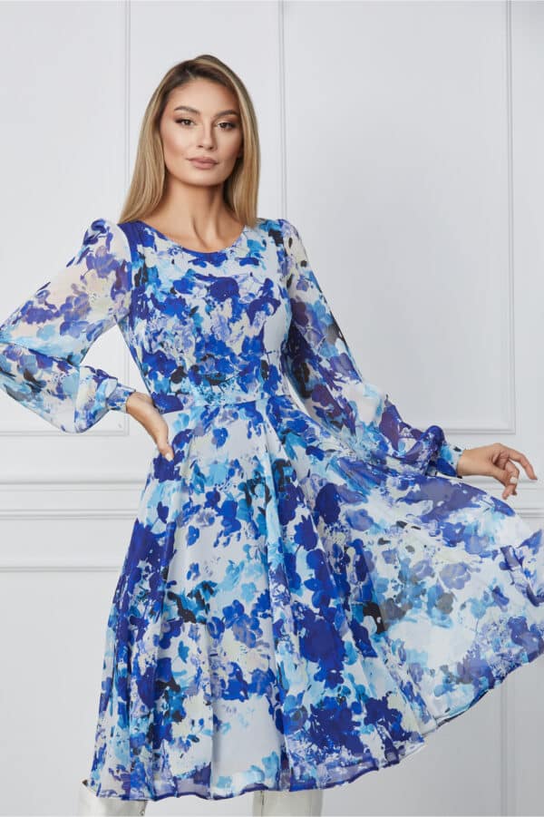 Rochie Oana bleu cu imprimeuri albastre
