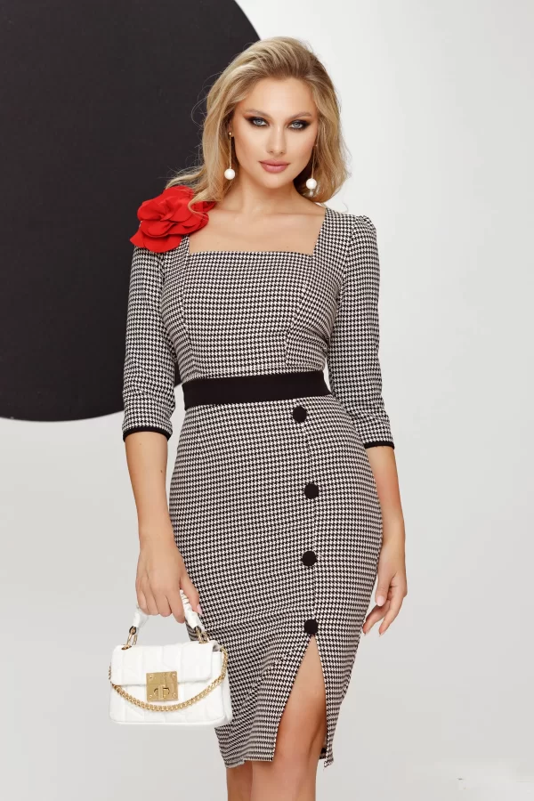 Rochie office Fofy eleganta cu imprimeu pepit si floare decorativa