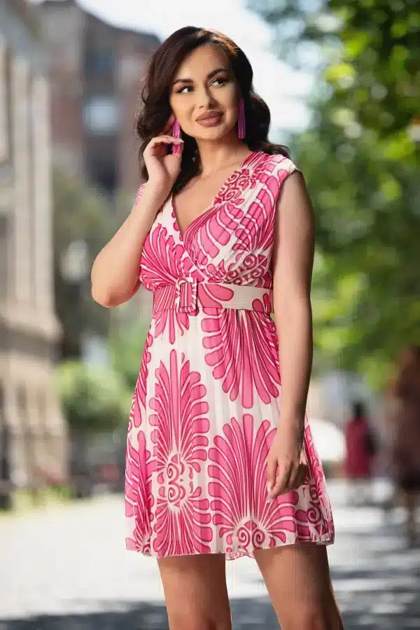 Rochie de zi din voal plisat cu imprimeu floral ciclame