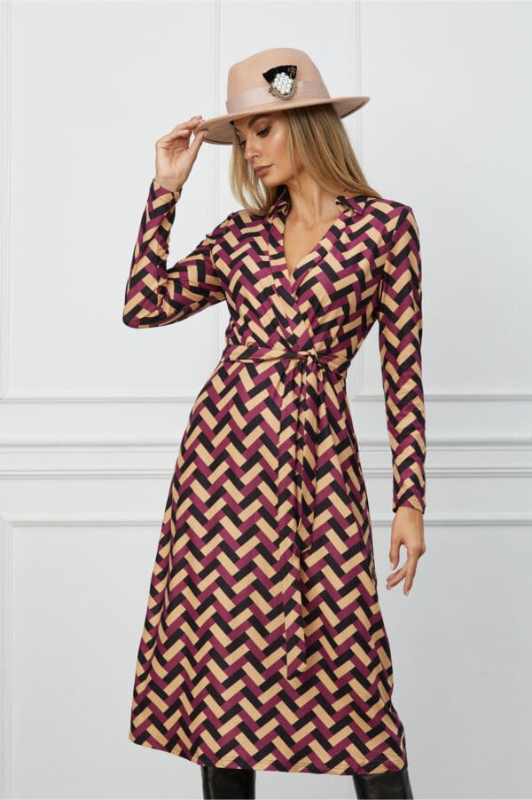 Rochie Ramona bej cu imprimeuri magenta si cordon in talie