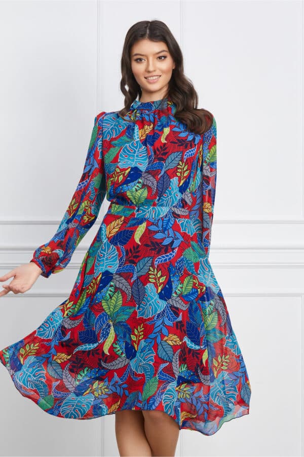 Rochie Sabrina rosie cu imprimeuri albastre