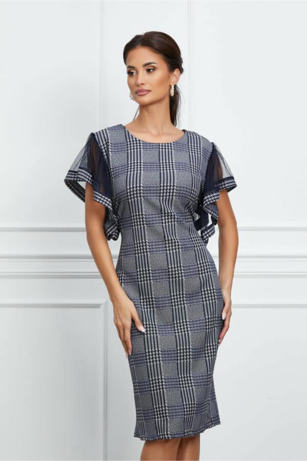 Rochie Samira bleumarin cu carouri si maneci din tull