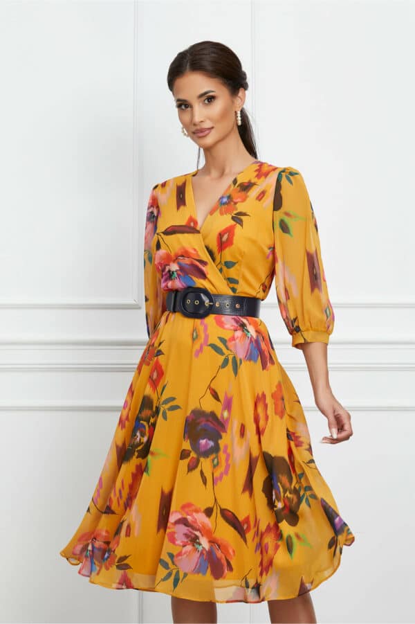 Rochie Selena galbena cu imprimeuri florale si curea in talie