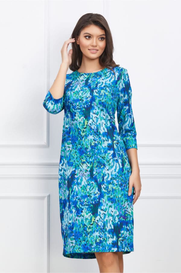 Rochie Silvia albastra cu imprimeuri verzi