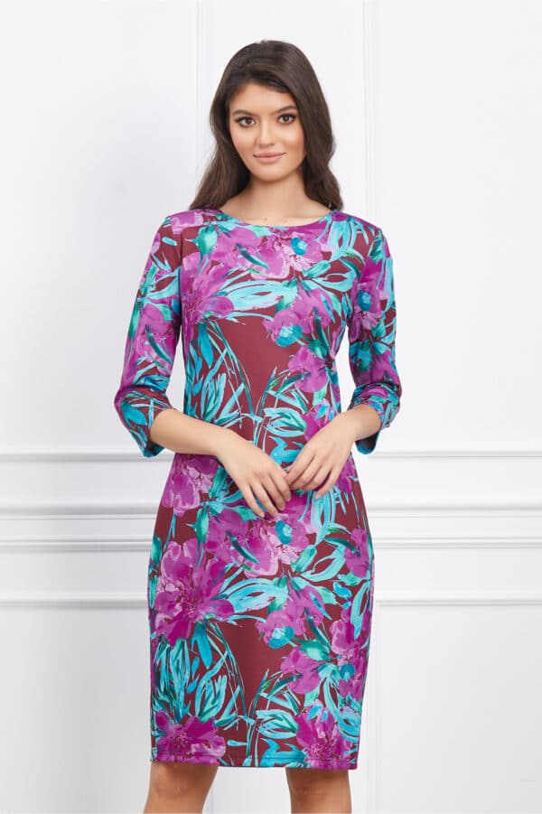 Rochie Silvia bordo cu imprimeuri florale fucsia