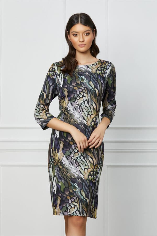 Rochie Silvia neagra cu imprimeuri mov si kaki