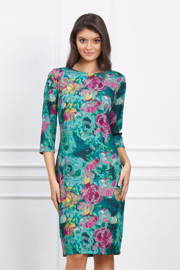 Rochie Silvia turcoaz cu imprimeuri florale roz