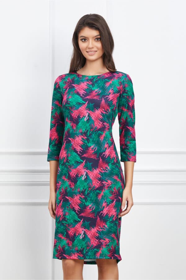 Rochie Silvia verde cu imprimeuri fucsia