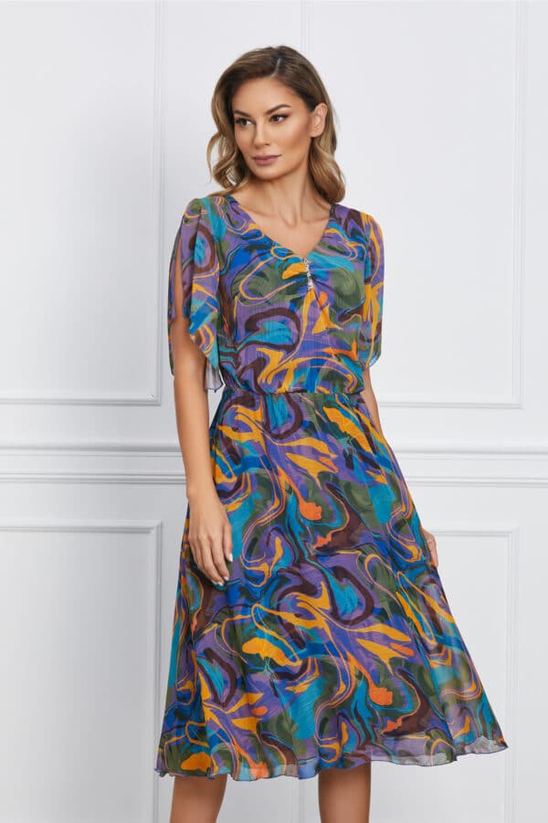Rochie Teodora mov cu imprimeuri orange si kaki