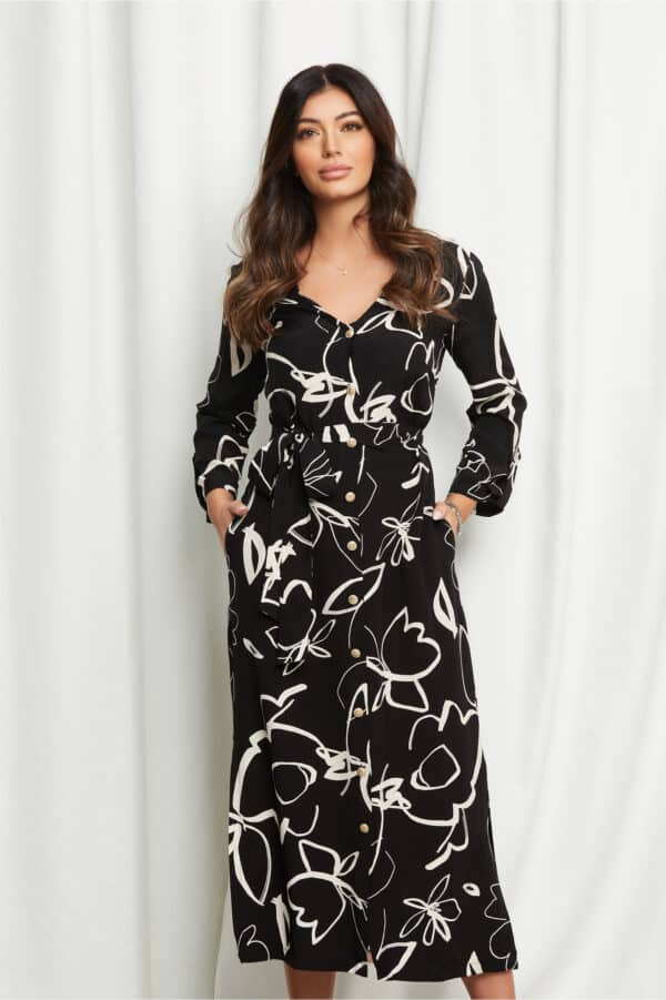 Rochie Teodora neagra cu imprimeu alb tip camasa cu cordon in talie