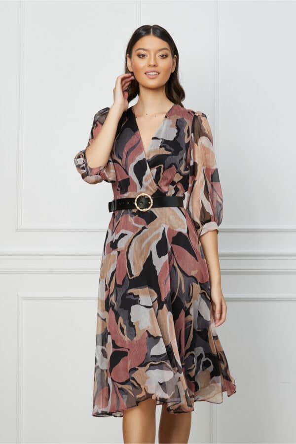 Rochie Valeria bej cu imprimeuri roz si curea in talie