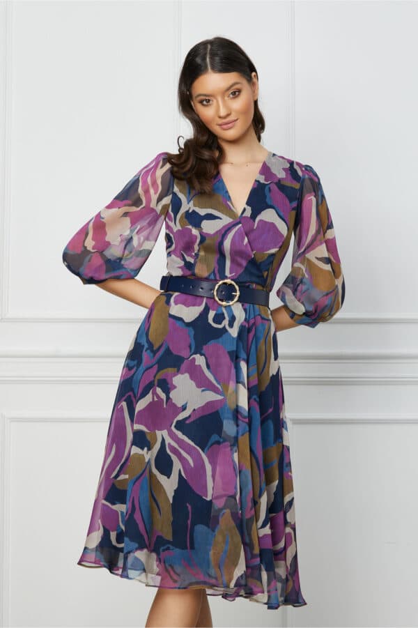 Rochie Valeria bleumarin cu imprimeuri mov si curea in talie