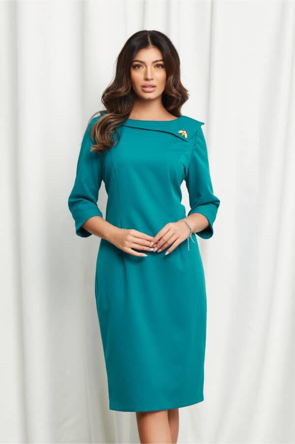 Rochie Valeria turcoaz cu guler si accesoriu