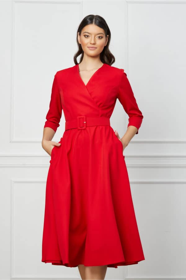 Rochie Vanesa rosie cu nasturi la buzunare si curea in talie