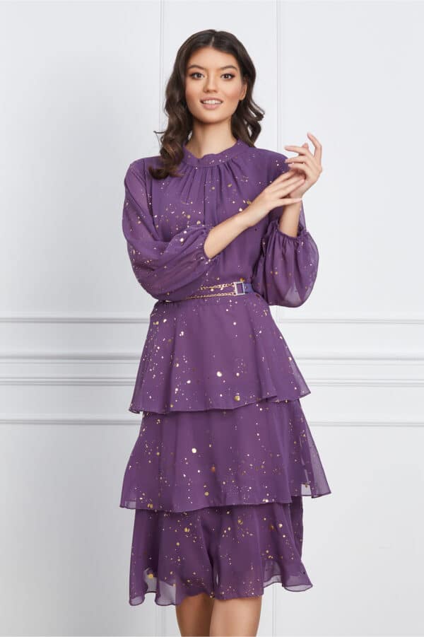 Rochie Vera mov cu picatele aurii si curea in talie