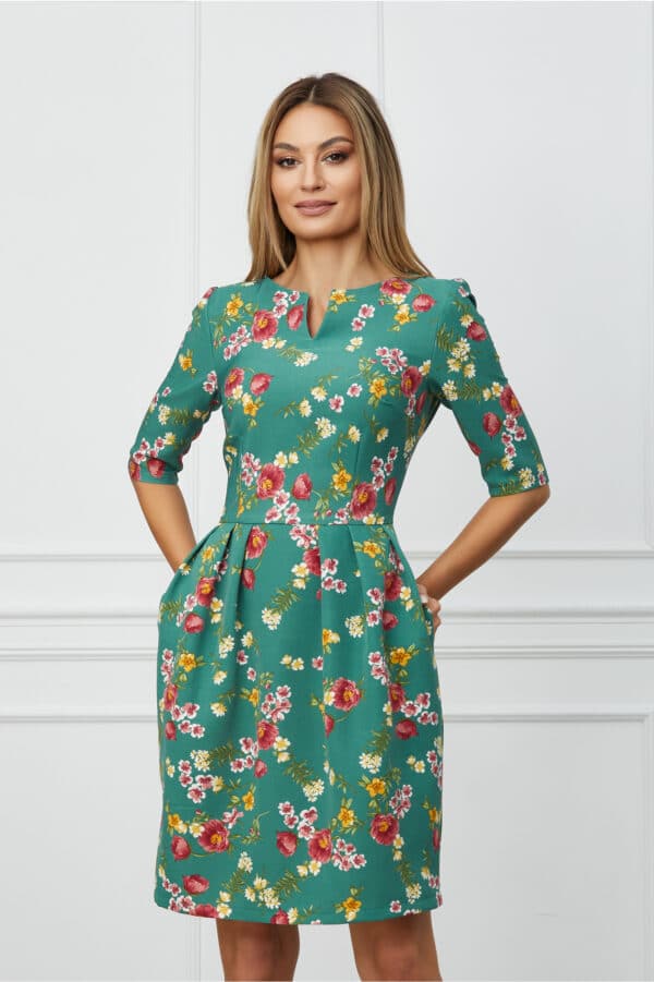 Rochie Vera verde cu flori roz