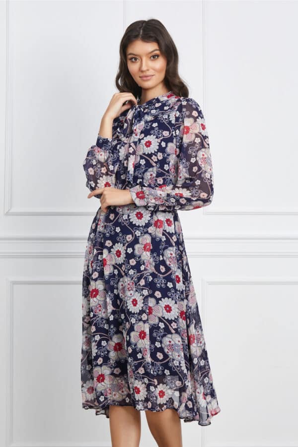Rochie Veronica bleumarin cu flroi bordo si guler tip esarfa