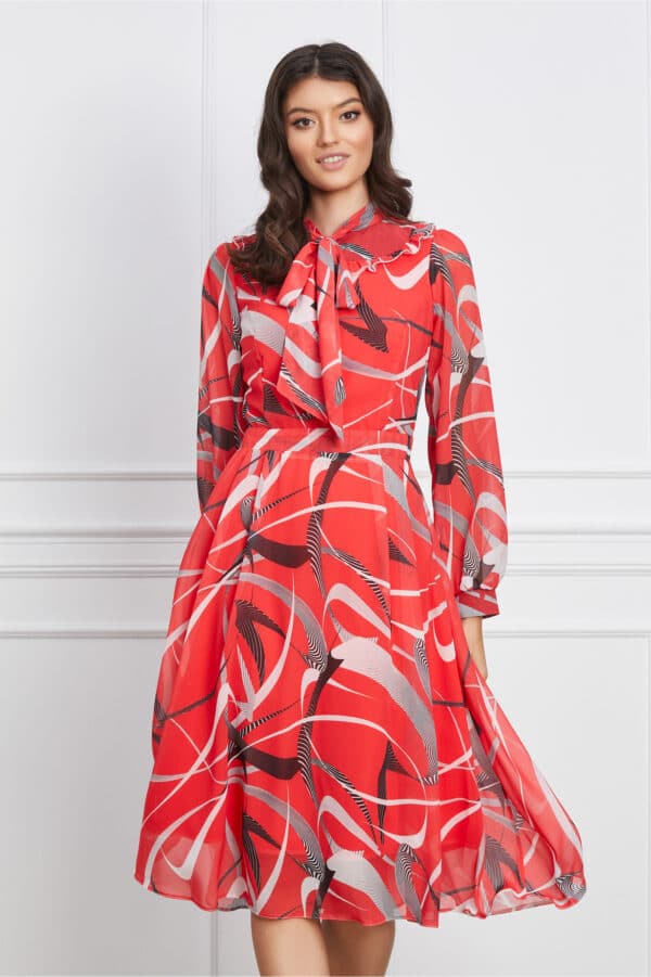 Rochie Veronica corai cu imprimeu negru si guler tip esarfa