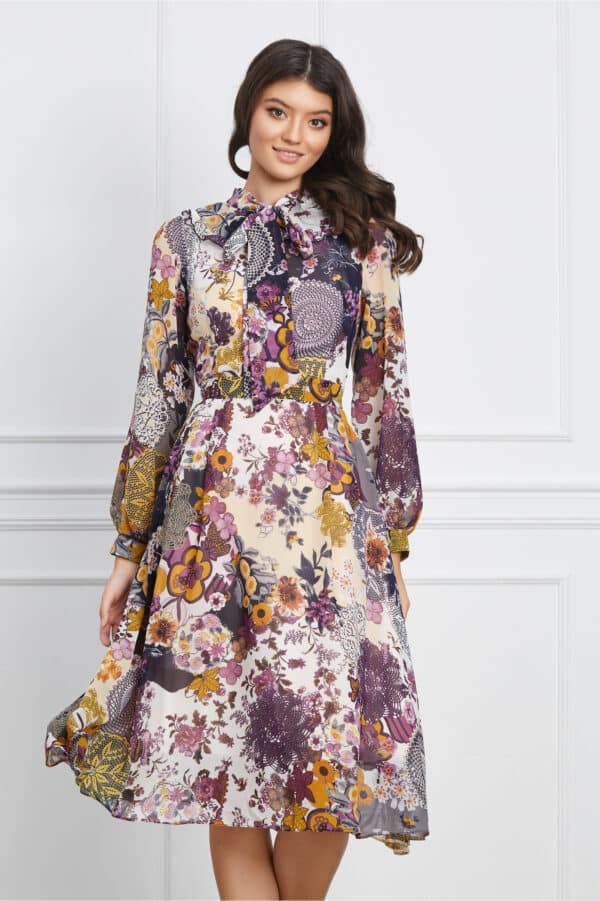 Rochie Veronica cu imprimeuri florale colorate si guler tip esarfa
