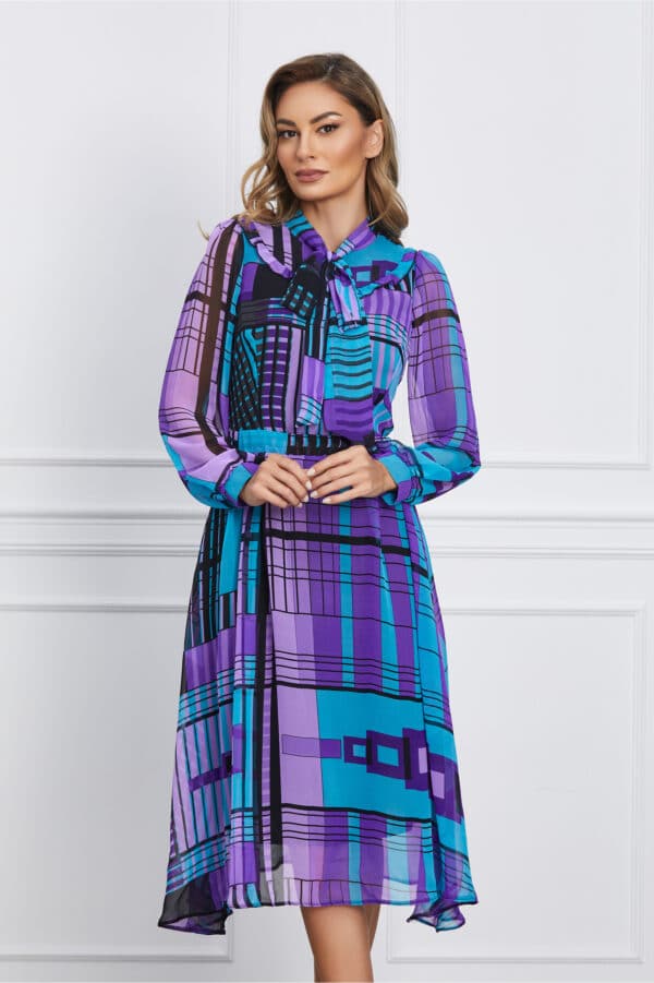 Rochie Veronica mov cu imprimeu bleu si guler tip esarfa
