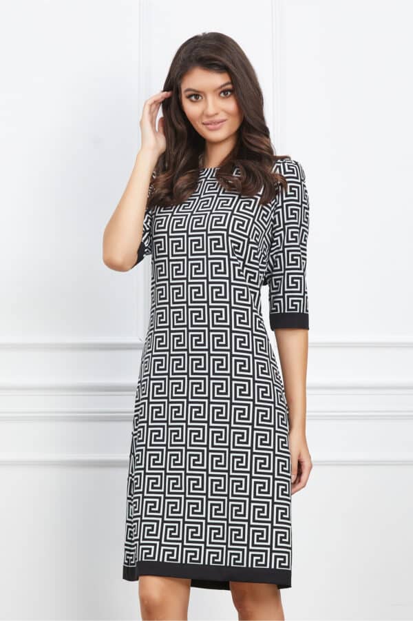 Rochie Viviana cu imprimeu labirint alb-negru