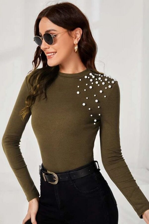 Bluza dama kaki accesorizata cu perle