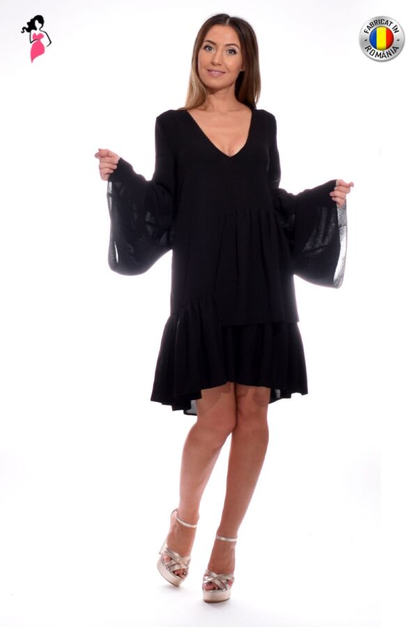 Rochie dreapta eleganta neagra cu volane si maneci clopot