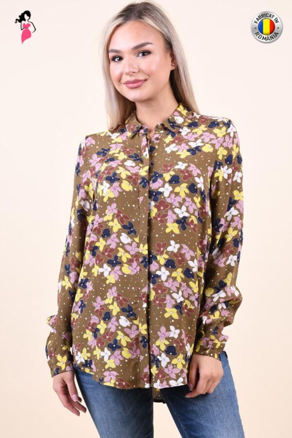 Camasa casual usor asimetrica din vascoza cu imprimeu floral colorat