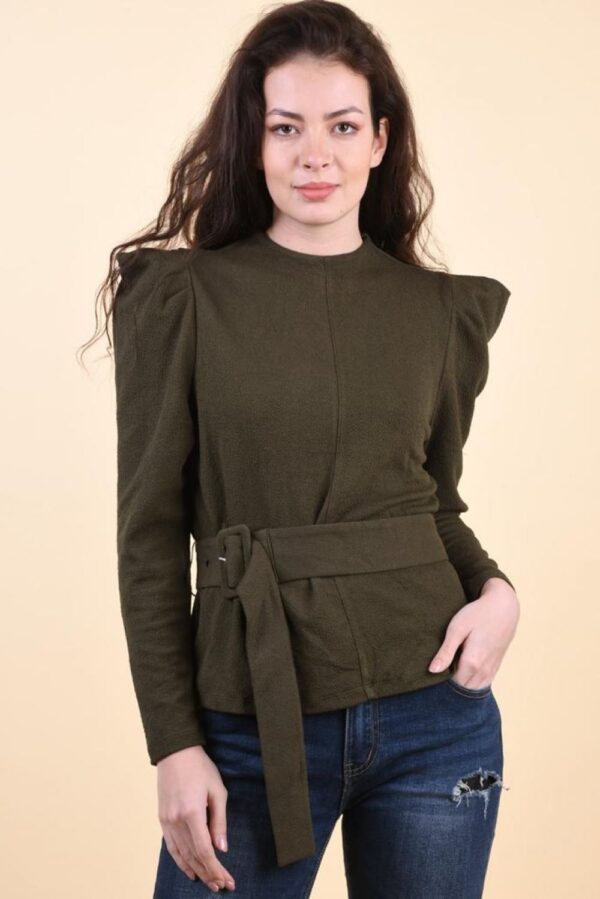 Bluza verde cu umeri supradimensionati si centura detasabila