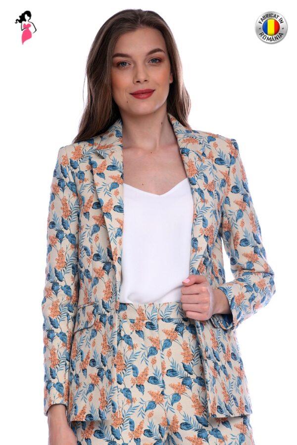 Sacou casual elegant bej cu imprimeu frunze si flori