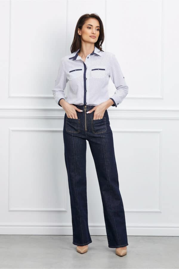 Blugi Juliana bleumarin evazati cu buzunare si dunga