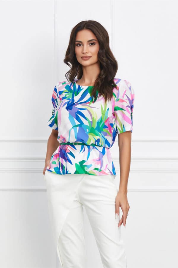 Bluza Adina alba cu imprimeu colorat si curea in talie