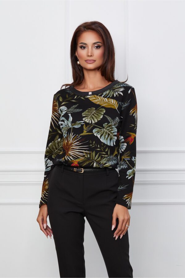 Bluza Dora neagra cu imprimeu exotic kaki